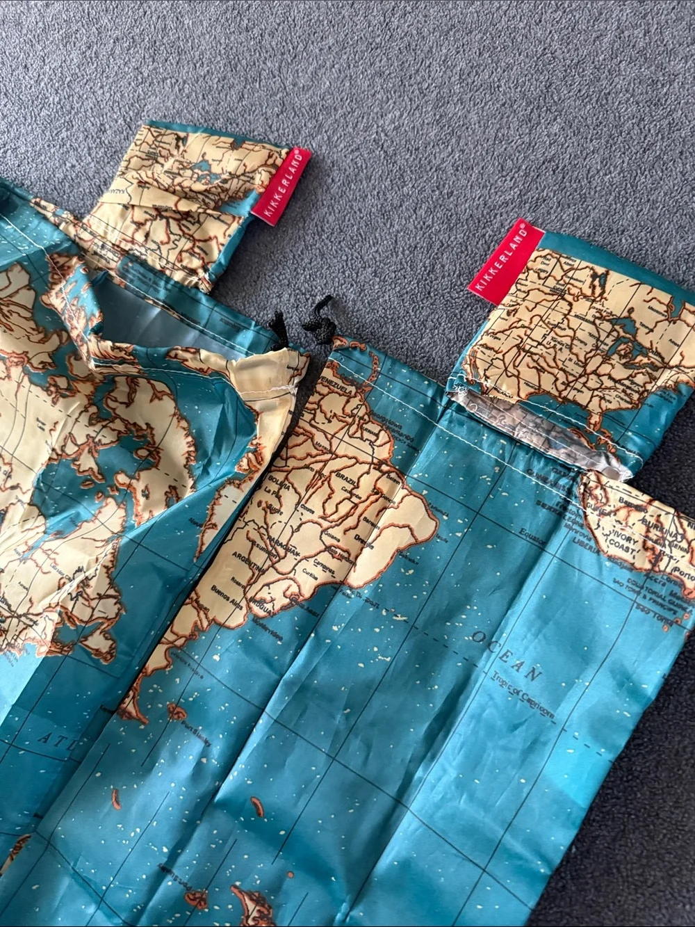 Foldable Map Print Reusable Travel Tote in Teal and Beige Kikkerland